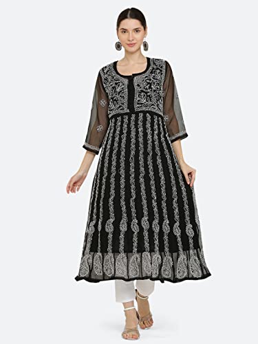 Image of FAWOMENT Women's Georgette Yok Anarkali Kurta with Intricate Lucknowi Chikankari Fine Hand Crafted Embroidery