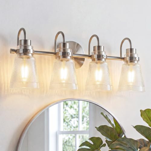 Image of 4-Light Bathroom Light Fixtures 25.7 Inch Brushed Nickel Vanity Lights for Bathroom Lighting Fixtures Over Mirror with Clear Striped Glass Shade for Mirror Bedroom Hallway