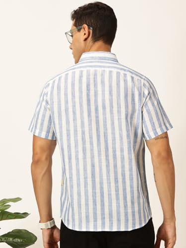 Image of Thomas Scott Men's | Stripes | Half Sleeve | Slim Fit | Linen Blend | Spread Collar | Casual Shirt