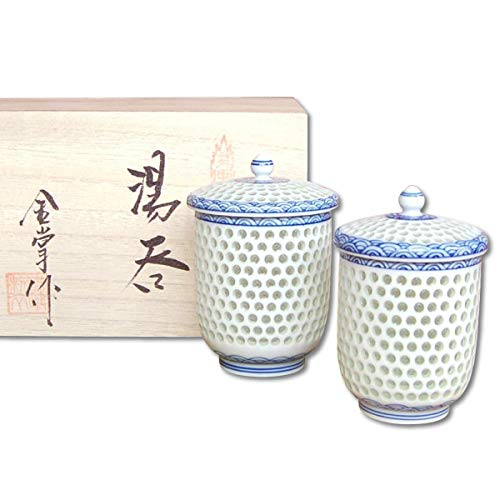 湯のみ 蓋つき セット 夫婦湯飲み おしゃれ 有田焼 波佐見焼 透かし彫り 水晶彫青海波 ペア ゆのみ茶碗 木箱入り