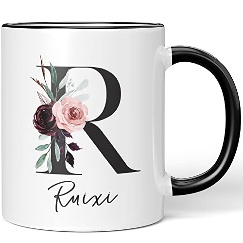 JUNIWORDS Tasse, Ruixi, Name Anfangsbuchstabe Initial Alphabet Floral Buchstabe R Monogramm Motiv, Schwarz (5598548)