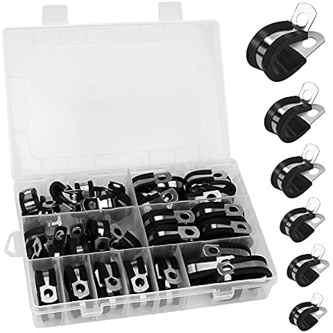 52 PCS Stainless Steel Cable Clamp, Durable Rubber Cushioned Metal Cable Clamps for Tube Pipe or Wire Cord, P-Clips in 6-Size 1/4'', 5/16'', 3/8'', 1/2'', 5/8'', 3/4''(15mm Width, 6mm Mounting Hole) Cover