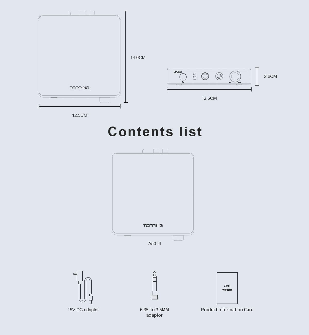 Labeled diagram of Topping A50 III Headphone Amplifier front and rear panels.