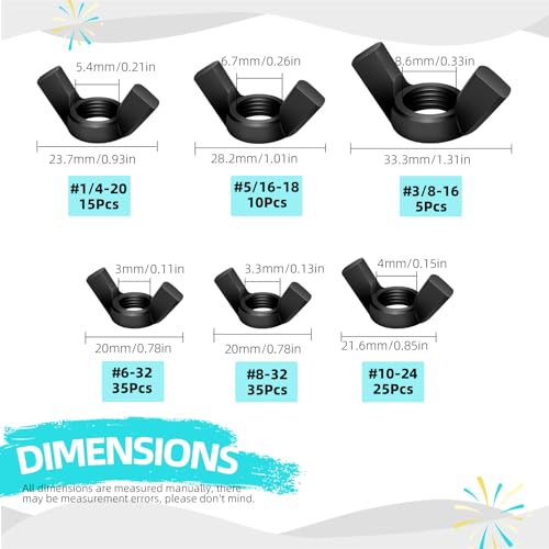 Cimeton 125PCS Flügelmuttern Sortiment Kits 3/8„ 5/16“ 1/4“ #6#8#10 Carbon Steel Black Butterfly Nut Wing Nuts Fasteners Wingnuts Hand Twist Tighten Ear for Home Building Industry