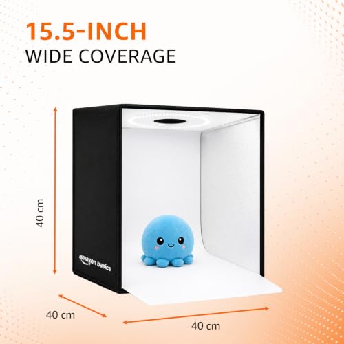 Image of Amazon Basics Portable Light Box 40x40cm, Professional Dimmable Photo Box with 6800K LED Lights, High CRI, 5 Color PVC Backdrops, for Jewellery & Small Product Photography