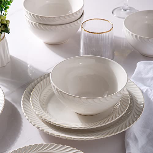 Gbhome Ceramic Dinnerware Sets,Elegant Deep Stoneware Plates And Bowls Sets,Highly Chip And Crack Resistant | Dishwasher & Microwave Safe | Dishes Set Service For 4 (12Pc)-Soft Off White #TOP1
