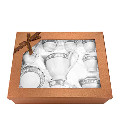 Euro Porcelain 17-Pc. Vintage 'Silver Greek Key' Tea Cup Coffee Set, Complete Service For 6 #TOP6