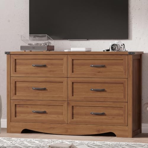 Image of Xixini Dresser for Bedroom with 6 Drawers, 54 inch Wide Wood Chest of Drawers with Mental Handle, Modern Dresser TV Stand, Wooden Closet Storage Organizer for Living Room, Hallway, Entryway, Walnut