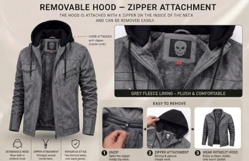 Image of Blaq Ash Men's Faux Suede Biker Jacket with Removable Hood | Fleece Lined, Zip Closure, Black