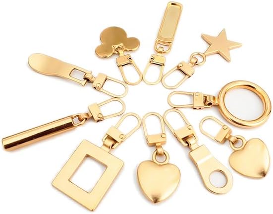 PALAY® 10Pcs Metal Zipper Pull Replacement Set, 9 Styles Detachable Zipper Pullers Universal Gold Zipper Pulls for Bag, Clothes, Luggage, Backpack, Jacket