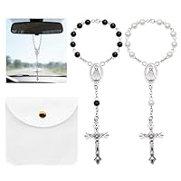 2er Set Christopherus-Motiv Autospiegel Anhänger mit Rosenkranz & Kreuz, Auto Zubehör Innenraum, Rückspiegel Anhänger für Auto mit Samt Geschenkbeutel, Geschenkidee