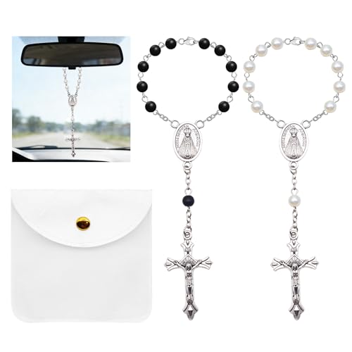 2er Set Christopherus-Motiv Autospiegel Anhänger mit Rosenkranz & Kreuz, Auto Zubehör Innenraum, Rückspiegel Anhänger für Auto mit Samt Geschenkbeutel, Geschenkidee