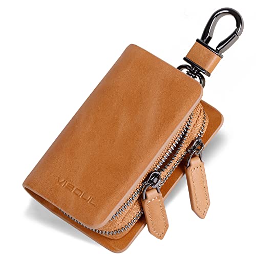 VISOUL Leather Car Key Fob Case Holder for Men and Women, Double Zipper Key Case Bag with Keychain and Remote Metal Hook for Smart Key Fob and House Keys-Tan