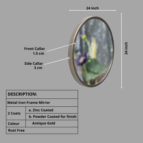 Image of Quality Glass Metal Frame Round Wall Mirror Royal Mirror Home Decorative Mirror Modern Mirror Living Room Mirror Wall Mirror Bathroom Mirror Size 24x24 inches Color Antique Golen MF 33
