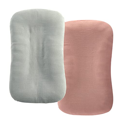 Image of HOMBYS Muslin Baby Lounger Cover 2 Pack for Newborn, 100% Cotton Lounger Slipcover, Ultra Soft Removable Cover for Infant Lounger Pillow (Dusty Pink & Light Grey)