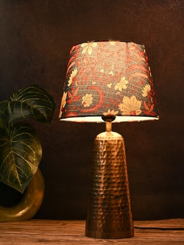 Image of Green Girgit Golden Hammered V-Shaped Lamp with Taper Muticolor Blue Shade | Galvanized Iron Bedside Night & Reading Table Lamp | Metal Handcrafted | Home & Living Room Decor Item