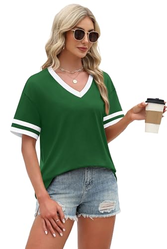 Image of WIHOLL Womens T Shirts Loose Fit Short Sleeve Tees V Neck Color Block Summer Tops 2026 Fashion S-4XL