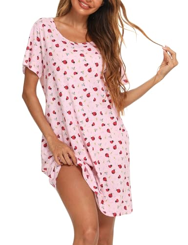 Image of ENJOYNIGHT Womens Cotton Nightgown Short Sleeve Sleepshirt Print Nightshirt | Short-Sleeve Crew Neck, Soft Cotton Fabric, Cartoon Printed Sleep Shirt, Loose Fit