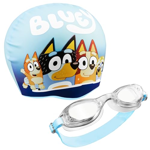Bluey Gorro Piscina y Gafas Buceo Set para Niño con Protección Antiempañante UV