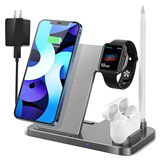 4 in 1 Wireless Charging Station,2021 Upgraded Fast Charging Dock Stand for iWatch Series 7/6/SE/5/4/3/2, AirPods & Pencil, Compatible with iPhone13/12Pro/11/XS/XR/8/Samsung(Silver)