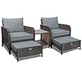 LEVELEVE Balcony Furniture 5 Piece Patio Conversation Set, PE Wicker Rattan Outdoor Lounge Chairs with Soft Cushions 2 Ottoman&Glass Table for Porch, Lawn-Brown Wicker