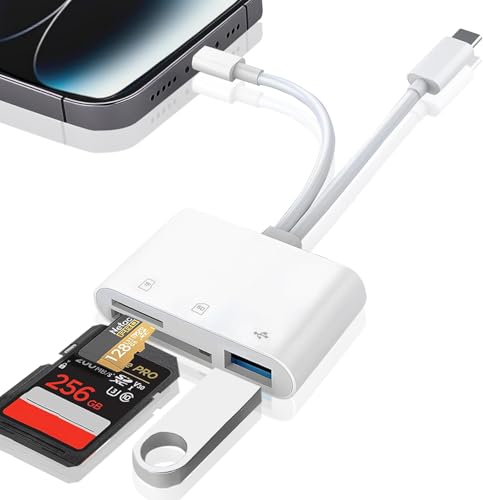 SD Card Reader for iPhone iPad Mac, USB C and Lightning Dual Connector Memory Card Reader, Digital Trail Camera Adapter to iPhone SD Card Viewer with SD/Micro SD/USB-A 3 Slot, Plug and Play