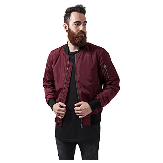Urban Classics Cazadora de Hombre Chaqueta Bomber de Estilo Urbano, en Burdeos con Cuello, Cintura y Puños Negros a Contraste, Cierre con Cremallera, Burgundy/Black, L