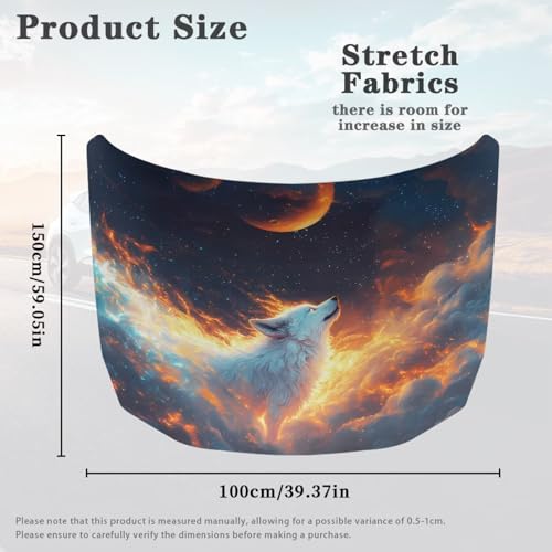Image of Moon Wolf Print Cat Car Hood Cover Slip-On Washable Elastic Weatherproof Fabric Elastic Band Fixation Fits Most Cars