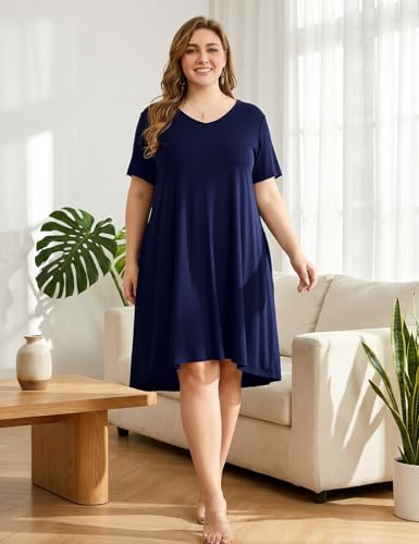 Image of OVERWORETY Womens Short Sleeve Plus Size T-Shirt Dress V Neck Casual Loose Swing A-Line Summer Tunic Dresses with Pockets
