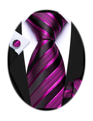 Barry.Wang Black Tie Sets for Men Silk Stripe Necktie Woven Handkerchief Cufflinks Formal Business Wedding Hot Pink