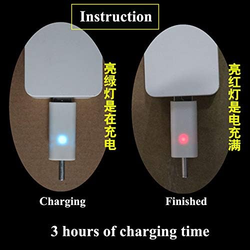 Instruction image showing green LED for charging and red LED for finished charging, with a note for 3 hours charging time.