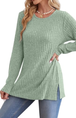 Image of Jescakoo Long Sleeve Shirts for Women Crew Neck Fall Tops Side Split Lightweight Tunic Sweaters Fashion Clothes 2026 S-4XL