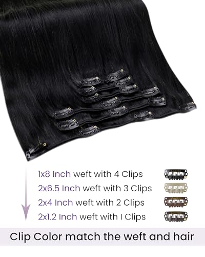 Image of LaaVoo Human Hair Clip In Extensions, Double Weft, 24 Inch | Sleek Jet Black Texture, 120g 7pcs, Clip On Extensions Human Hair, Smooth, Natural Shine