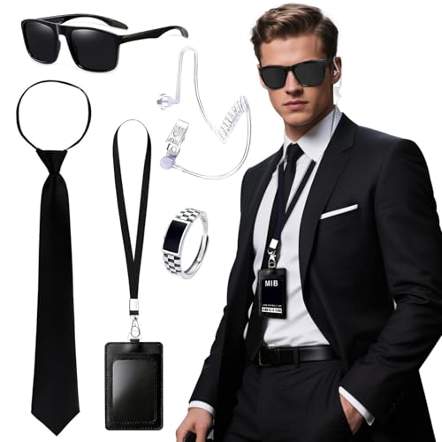 poraceous 5 piezas Agente Disfraz Accesorios, Agente Secreto Disfraz, Guardia Seguridad con Gafas de Sol Negras, Corbata, Auricular, Reloj y Tarjetero, para Hombre Mujer, Fiestas, Cosplay, Carnaval