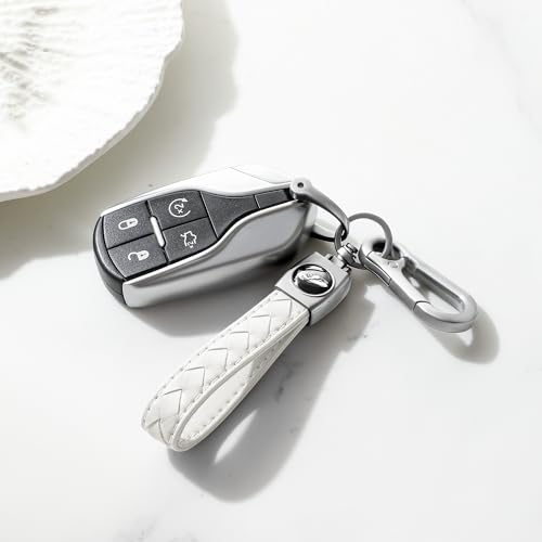 Image of Gkeygo Carabiner Keychain, Universal Heavy Duty Woven Handmade Leather Key Chain, Car Fob Key Keychains with 360 Degree Rotatable Snap Swivel and Anti-Lost D-Ring for Men and Women, Silver - White