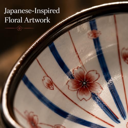 Image of YELONA Japanese Ceramic Bowl Set of 6 | 200ml Blue Floral Porcelain Elegant Serving Bowl for Rice, Soup, Snacks & Dessert | Ceramic Dinner Set for Gifting - (Sakura Burst)