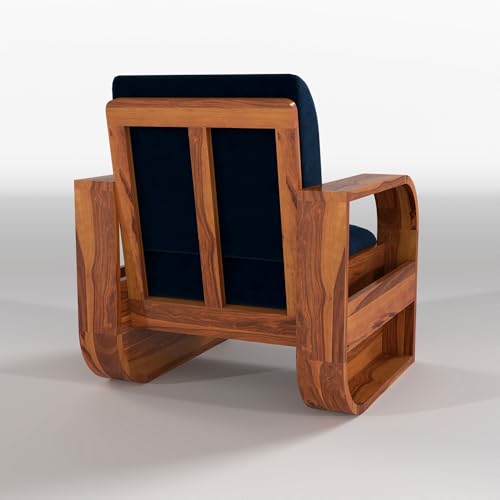 Image of Solid Sheesham Wooden 1 Seater Sofa Set with Blue Cushion for Living Room Furniture - Honey Finish