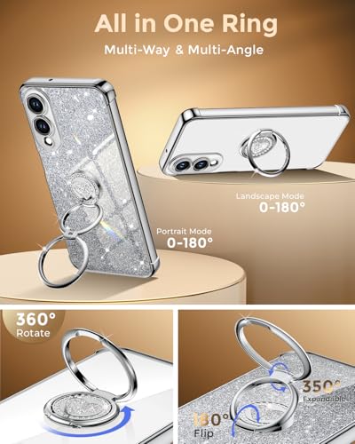 Image of XYZ for Galaxy S25 Edge Case with Stand, for Samsung Galaxy S25 Edge Case with Double Ring, Women Girls Bling Luxury Glitter Clear Phone Case Cover Heart for Samsung S25 Edge, Silver
