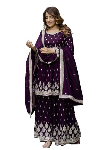 TRENDMALLS Women's Art Silk Embroidery Sequence Work Kurta Palazzo Set with Dupatta Salwar Suit Set For Women