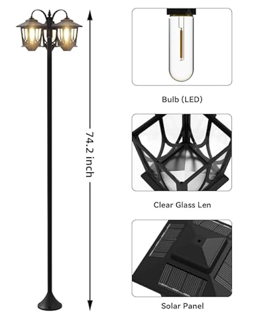 73 Aluminum Solar Lamp Post Light, 3-Head Pole Lights 90LM Waterproof - Auto Dusk to Warm White Dawn Floor Lamp for Outdoor Garden Pathway Replaceable Bulb
