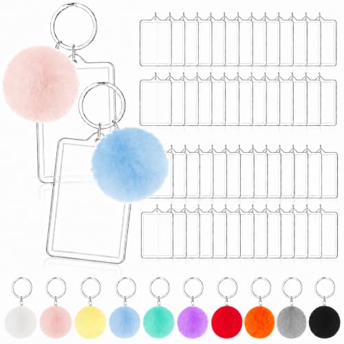 Image of Henoyso 100 Pack Acrylic Photo Keychains with Colorful Pom Poms, 2 x 3 Inch | Double Sided Acrylic Photo Keychains, Easy DIY for Back to School Students Gifts, Classroom Rewards,, Graduation Keepsakes