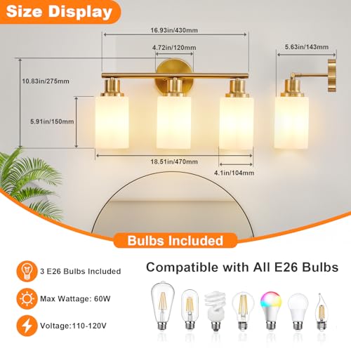 Image of DLLT 3-Light Bathroom Light Fixtures: Gold Modern Vanity Lights with E26 Bulbs - Milky White Glass Shade Bathroom Wall Lamp for Mirror Kitchen Living Room Hallway Cabinet Porch