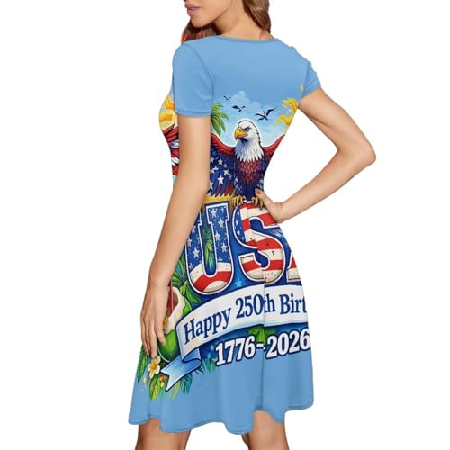 Image of HUGS IDEA Womens Puffy Swing Midi Dress Round Neck Short Sleeve Party A-Line Dresses