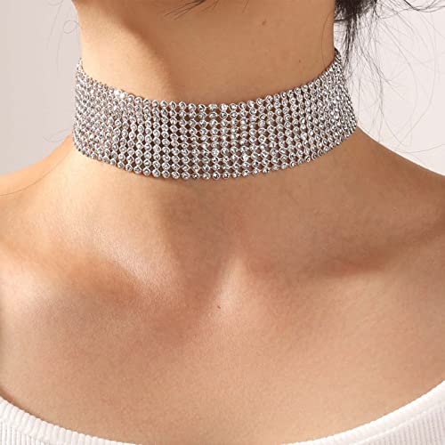 Sttiafay Punk Rhinestone Choker Necklace For Women Wide Full Diamond Necklace Chain 10-Row Sparkly Crystal Choker Collar Sexy Nightclub Party Prom Accessories #TOP9