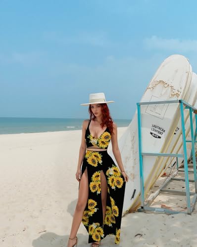 Image of Women Sexy 2 Piece Outfits Dress Chiffon Strap Deep V Neck Bra Crop Top High Split Maxi Dresses Skirt Set