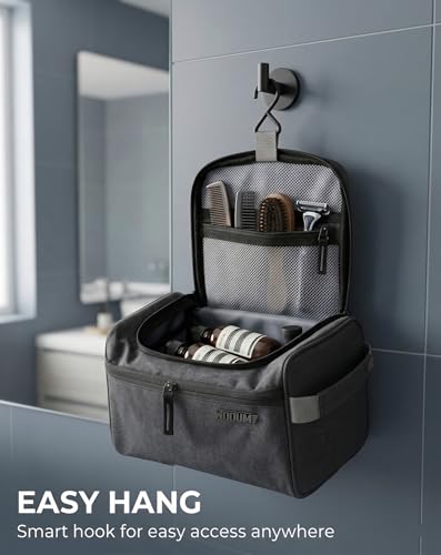 Image of Wooum Travel Toiletry Bag for Men | Water-Resistant Bathroom Organizer with Hook | Compact Khadi Fabric Dopp Kit with Zipper & Mesh Pockets - Ideal for Travel, Gym & Daily Use (Grey)