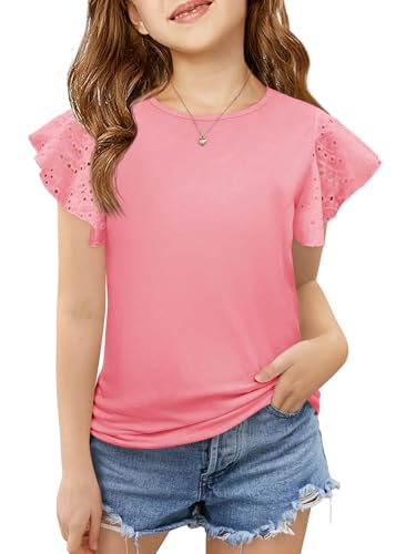 Image of Imily Bela Girls Ruffle Sleeve Shirts Crewneck Eyelet Tops 4-15 Years | Cute summer casual blouse, Soft breathable eyelet fabric with ruffle sleeves, Comfortable daily shirts for kids
