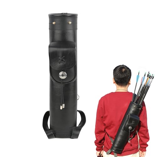 limaity Arrow Quiver Archery Leather Back Quiver for Arrows with Large Pockets Adjustable Straps Belt Bag Left & Right Handed for Shooting Hunting (Black)
