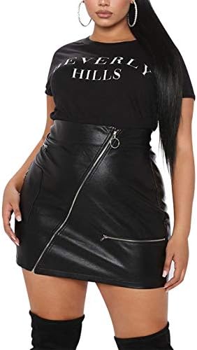 PYL Women’s Plus Size Zipper PU Faux Leather Skirt Short High Waist Mini Bodycon Black