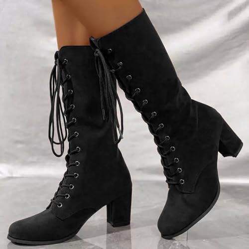 Women's Combat Riding Platform Knee High Boots, Lace Up Fall Winter Mid Calf Chunky Heel Gothic Motorcycle Boots3